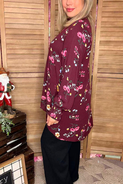 Floral high low style mock neck long sleeve women top YT1130