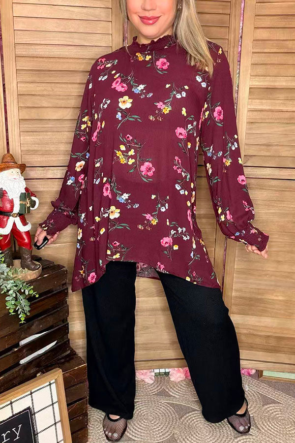 Floral high low style mock neck long sleeve women top YT1130