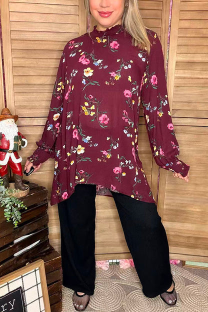 Floral high low style mock neck long sleeve women top YT1130