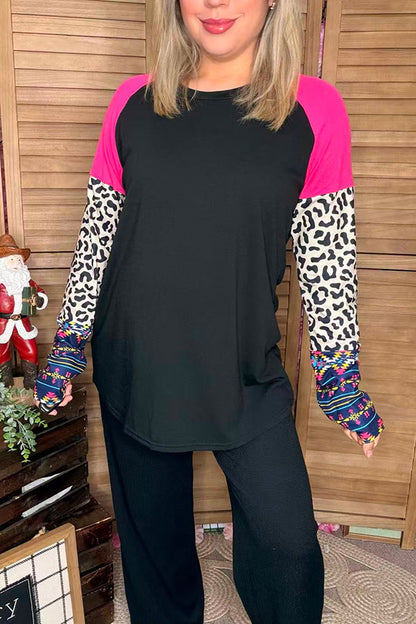 Fuchsia & Leopard & Aztec raglan long sleeve black women tops YMY14157