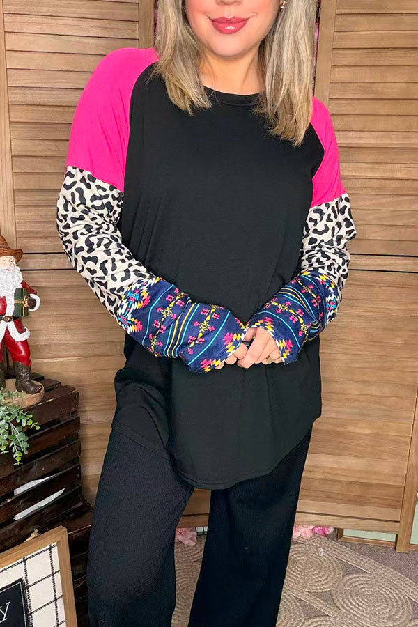 Fuchsia & Leopard & Aztec raglan long sleeve black women tops YMY14157