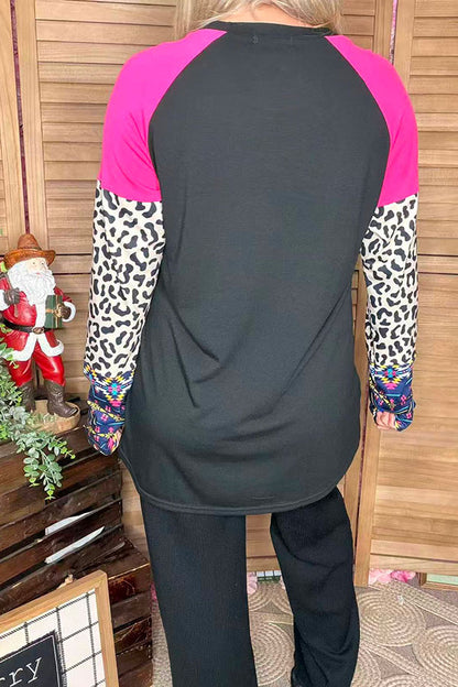Fuchsia & Leopard & Aztec raglan long sleeve black women tops YMY14157