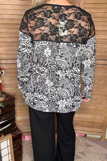 Western paisley printed & lace long sleeve women tops XCH15457