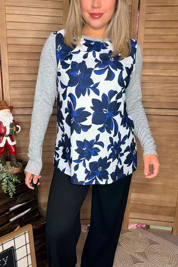 Blue floral printed & grey long sleeve women top XCH13739