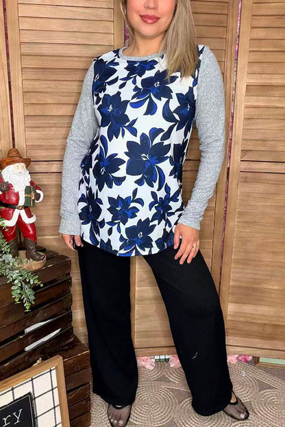 Blue floral printed & grey long sleeve women top XCH13739