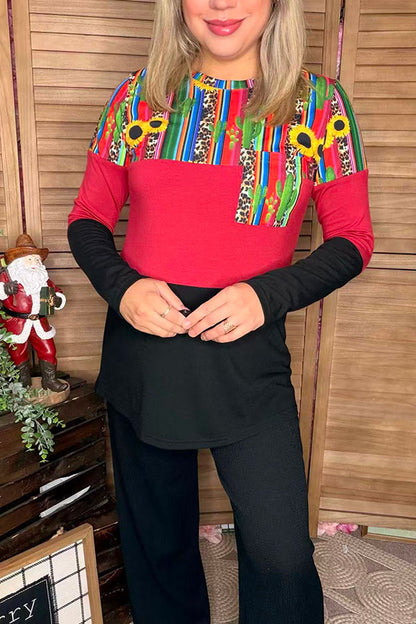 Serape & sunflower & red & black color block long sleeve women top GJQ10227