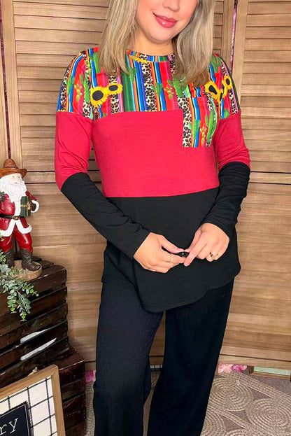 Serape & sunflower & red & black color block long sleeve women top GJQ10227