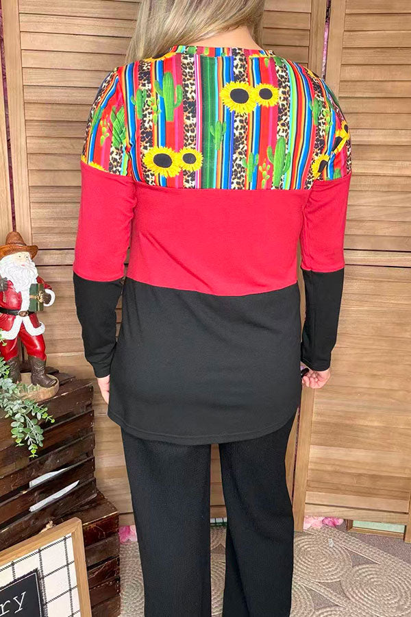 Serape & sunflower & red & black color block long sleeve women top GJQ10227