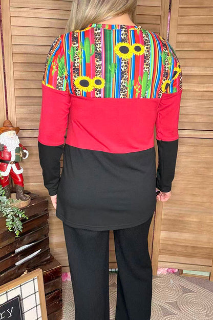 Serape & sunflower & red & black color block long sleeve women top GJQ10227