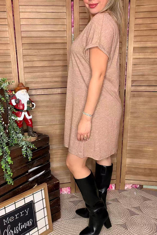 Tan solid color short sleeve/ fold trim women dress XCH15454