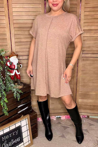Tan solid color short sleeve/ fold trim women dress XCH15454