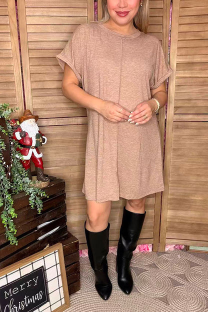 Tan solid color short sleeve/ fold trim women dress XCH15454