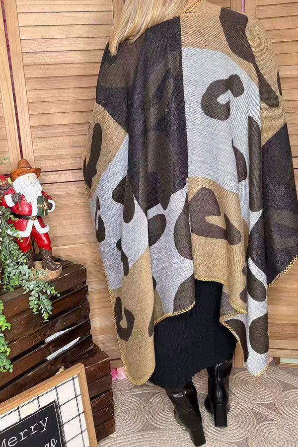 Leopard grey & brown color block shawl LW11395
