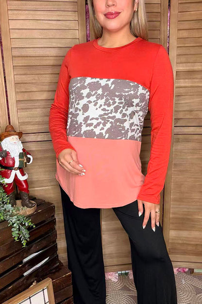 Oranges, peach & cow spot color block long sleeve women top YMY8732-1