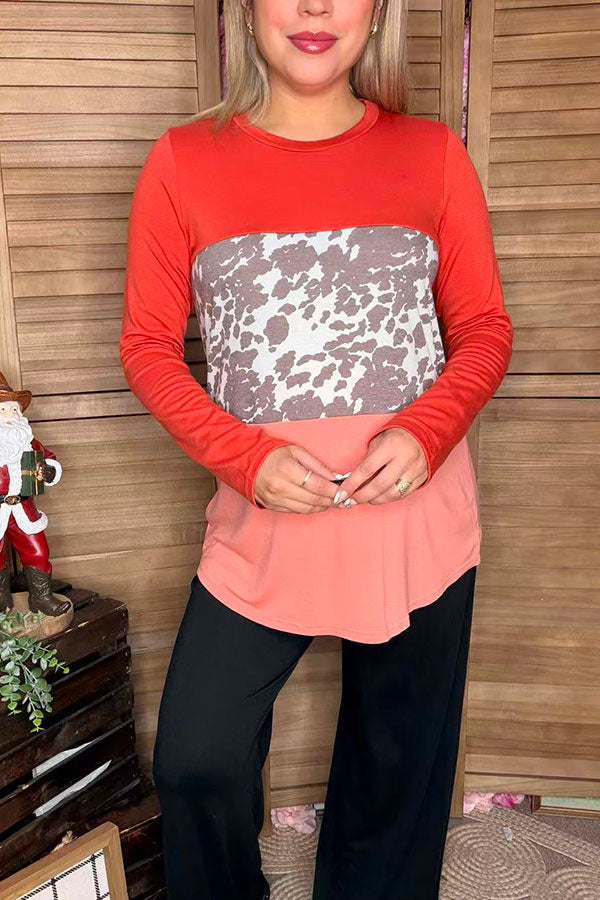 Oranges, peach & cow spot color block long sleeve women top YMY8732-1