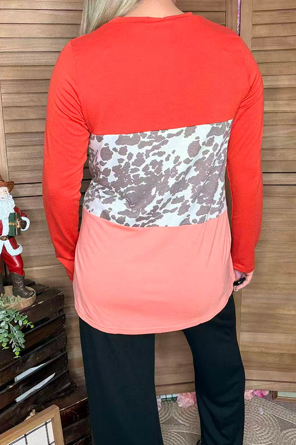 Oranges, peach & cow spot color block long sleeve women top YMY8732-1