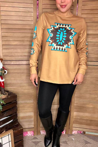 Western aztec printed long sleeve tan women shirt XCH16705