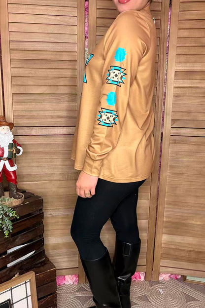 Western aztec printed long sleeve tan women shirt XCH16705