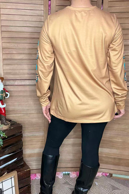 Western aztec printed long sleeve tan women shirt XCH16705