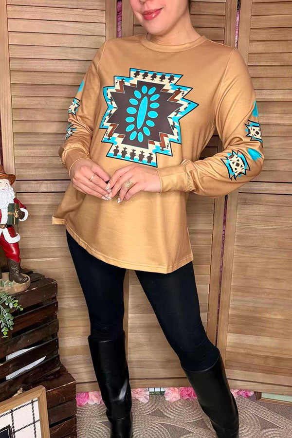 Western aztec printed long sleeve tan women shirt XCH16705
