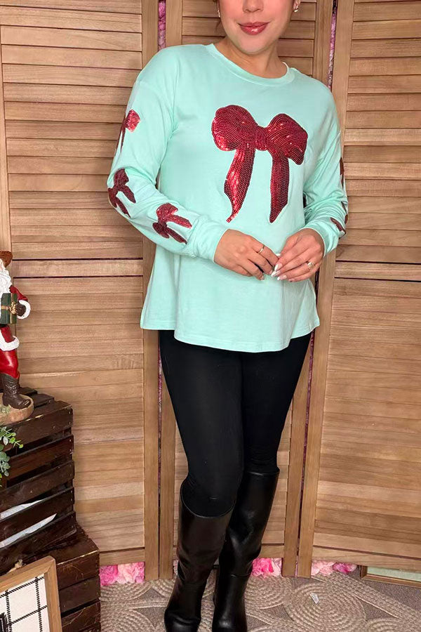 Red sequin bow & turquoise long sleeve shirt XCH16733
