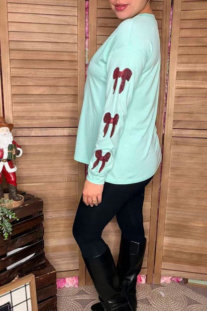 Red sequin bow & turquoise long sleeve shirt XCH16733