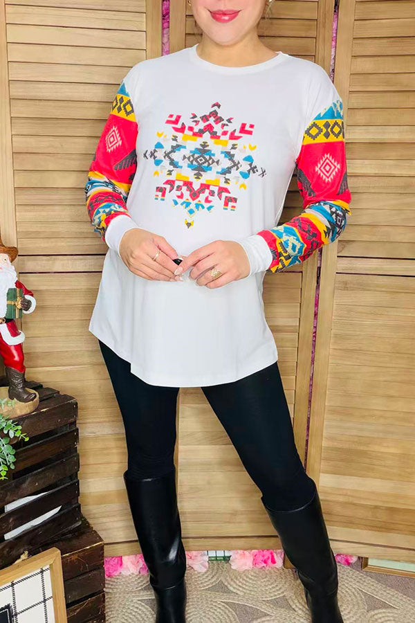 White & Aztec printed long sleeve top for women XCH11933