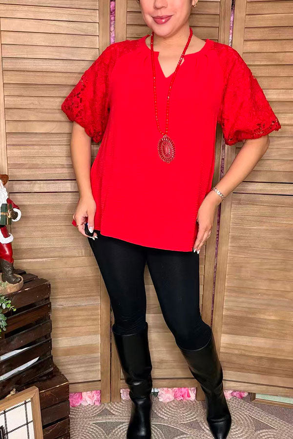 Christmas Red lace puff short sleeve women top XCH16732