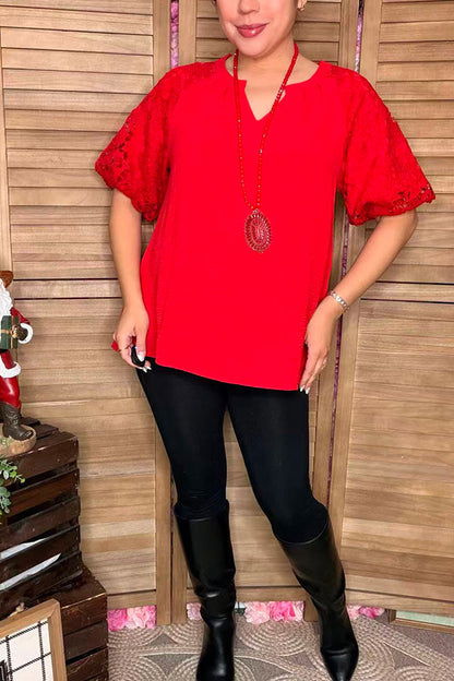 Christmas Red lace puff short sleeve women top XCH16732