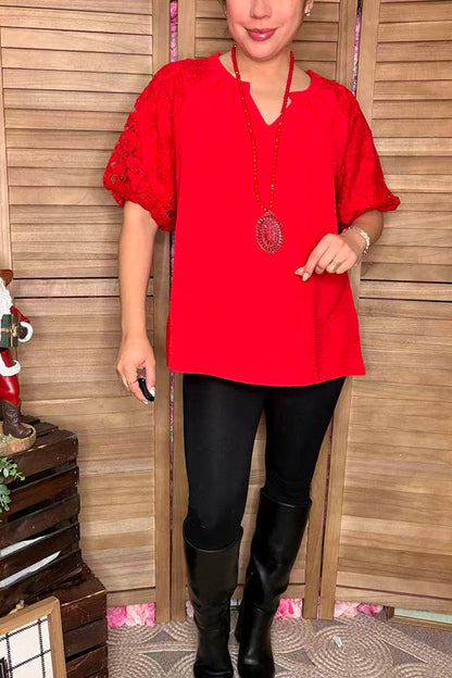 Christmas Red lace puff short sleeve women top XCH16732
