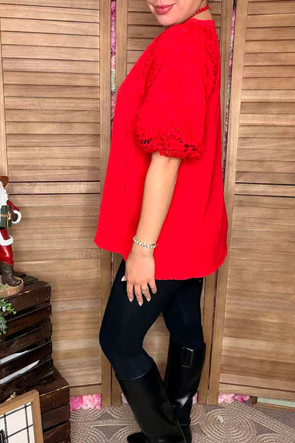 Christmas Red lace puff short sleeve women top XCH16732