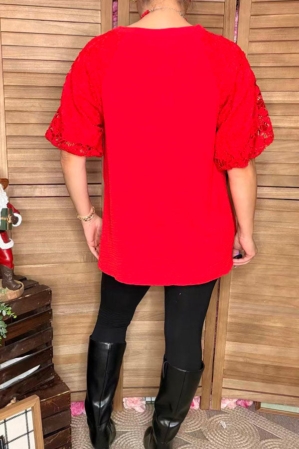 Christmas Red lace puff short sleeve women top XCH16732