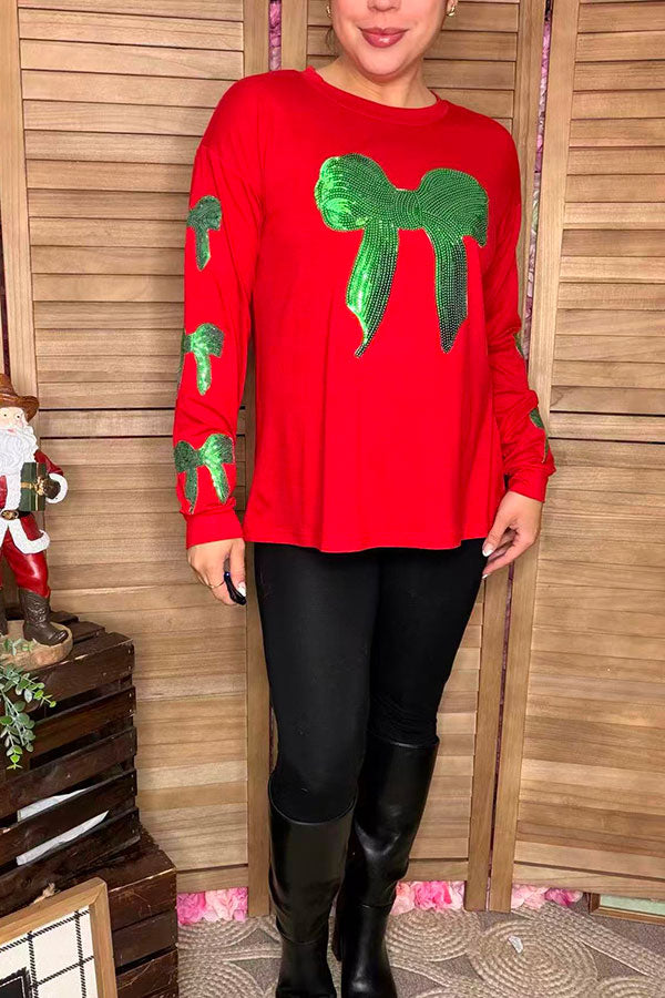 Green sequin bow & red long sleeve women shirt XCH16723