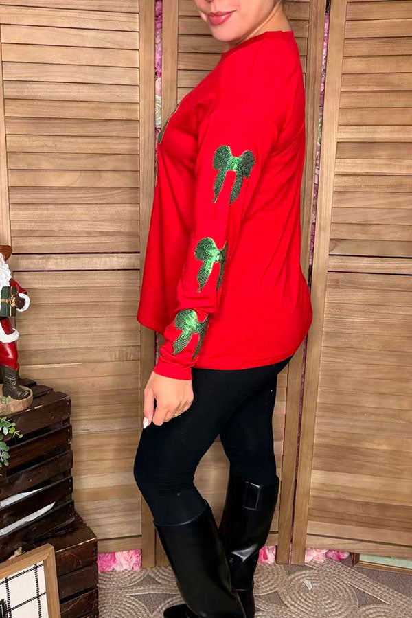 Green sequin bow & red long sleeve women shirt XCH16723
