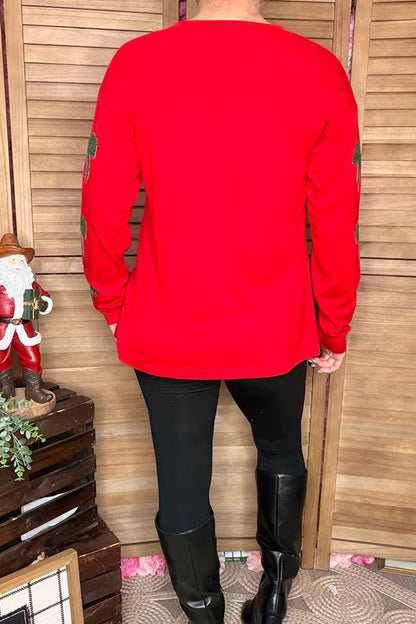 Green sequin bow & red long sleeve women shirt XCH16723