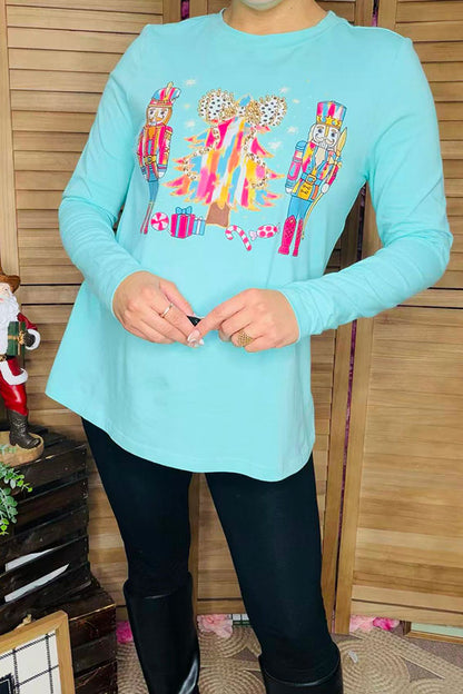Christmas studs tree nutcracker mint long sleeve women shirt XCH16541