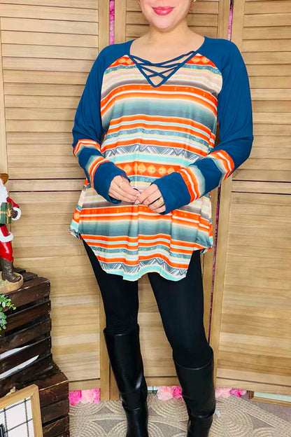 Aztec color block long sleeve women top with criss cross v-neckline FW8533