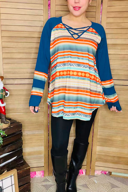 Aztec color block long sleeve women top with criss cross v-neckline FW8533