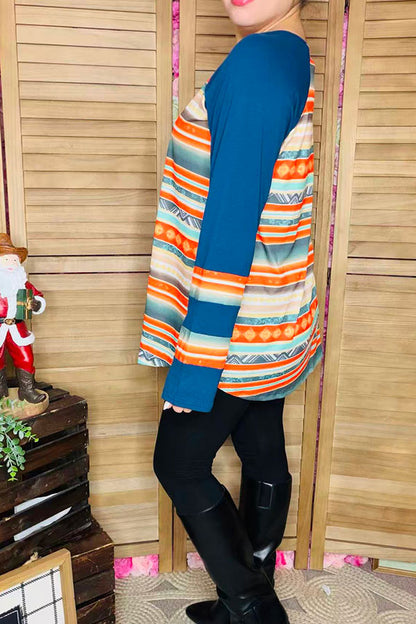 Aztec color block long sleeve women top with criss cross v-neckline FW8533