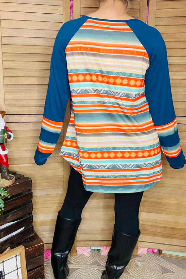 Aztec color block long sleeve women top with criss cross v-neckline FW8533