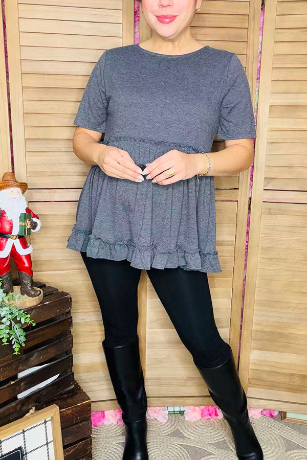 Solid color gery short sleeve women top w/ruffle bottom BQ15554