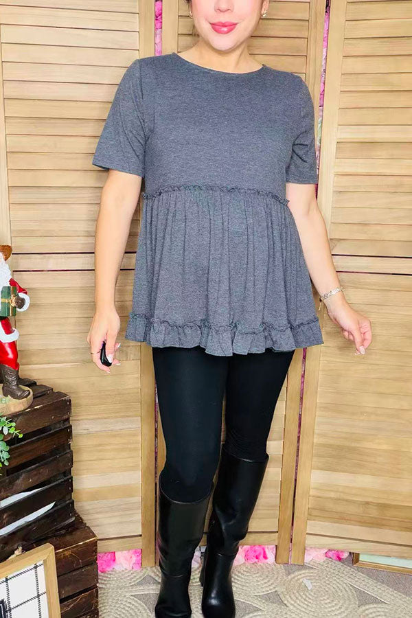 Solid color gery short sleeve women top w/ruffle bottom BQ15554