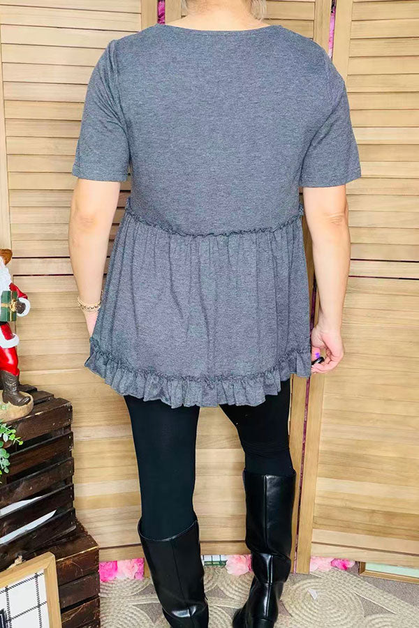 Solid color gery short sleeve women top w/ruffle bottom BQ15554