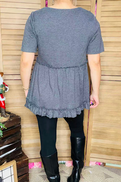 Solid color gery short sleeve women top w/ruffle bottom BQ15554