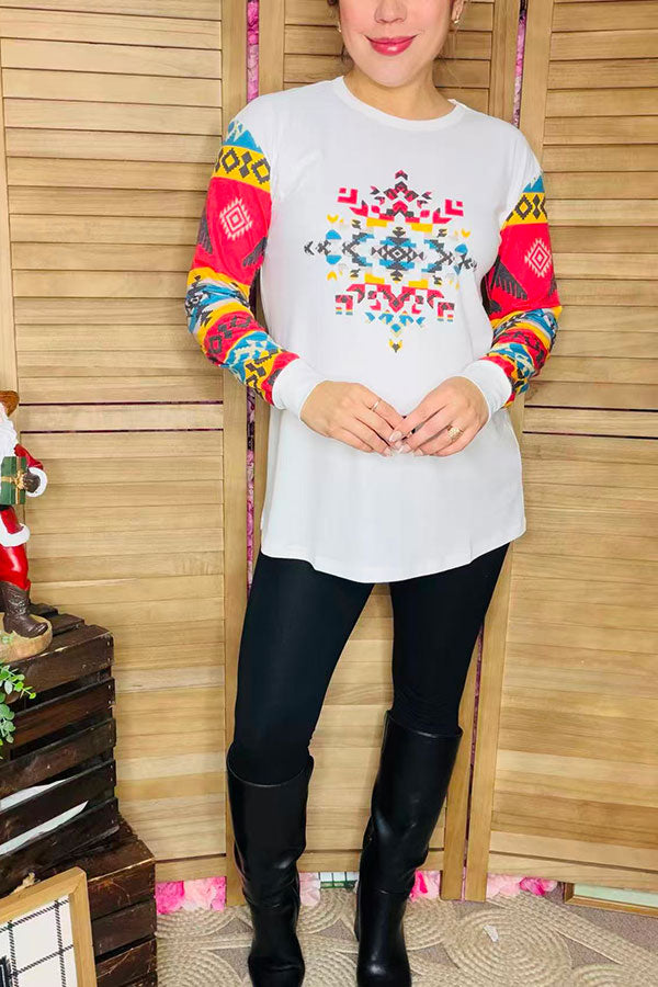 White & Aztec printed long sleeve top for women XCH11933