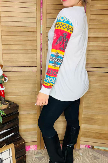 White & Aztec printed long sleeve top for women XCH11933