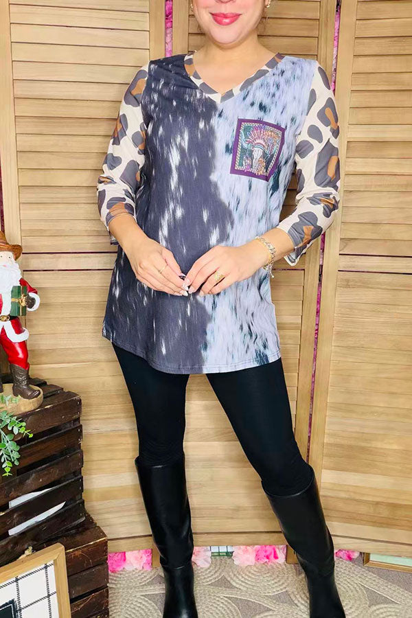 Black white tie dye with leopard 3/4 sleeve & bull printed women top XCH14766