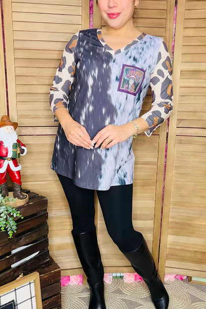 Black white tie dye with leopard 3/4 sleeve & bull printed women top XCH14766