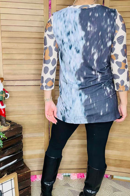 Black white tie dye with leopard 3/4 sleeve & bull printed women top XCH14766