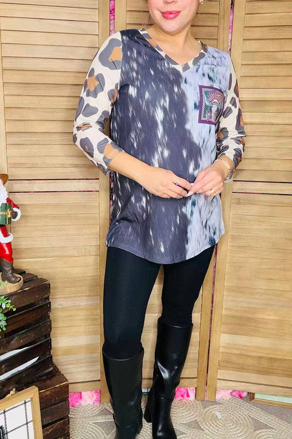 Black white tie dye with leopard 3/4 sleeve & bull printed women top XCH14766